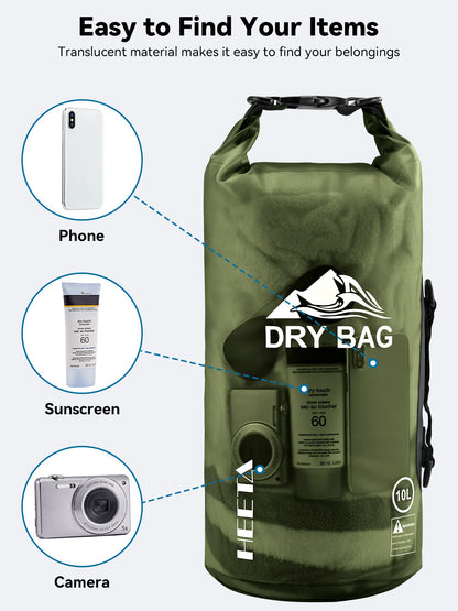 HEETA Dry Bag Waterproof for Women Men, Roll Top Lightweight Dry Storage Bag Backpack with Phone Case for Travel Swimming Boating Kayaking Paddle Board Camping Beach Accessories (Pitch Green, 30L)