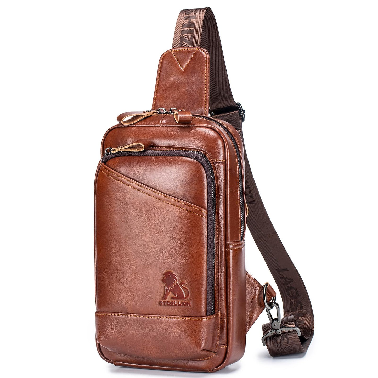 STEELLION Leather Crossbody Bag for Men, Genuine Cowhide Chest Bag with Large Capacity, 3 Card Slots, 2 Pen Holders and Organizer, Men's Sling Bag for Business, Travel, Casual and Daily Use (Brown)