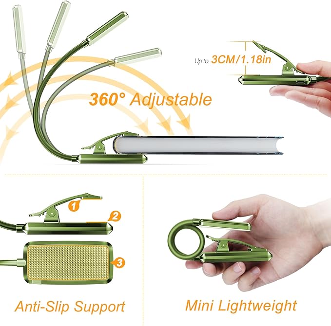 Gritin 9 LED Rechargeable Book Light for Reading in Bed - Eye Caring 3 Color Temperatures,Stepless Dimming Brightness,80 Hrs Runtime Small Lightweight Clip On Book Reading Light -Intense Green