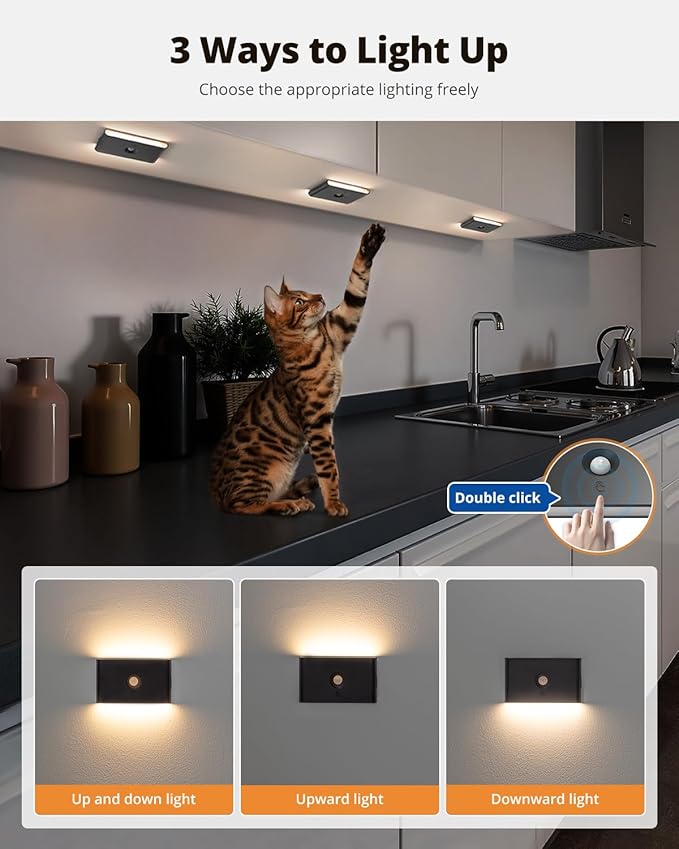 wowatt Rechargeable Motion Sensor Stair Light, Black Night Lights with Magnetic Mount, Dimmable Stair Lights Indoor for Stairway, Hallway, Kitchen, Bathroom(3 Packs)