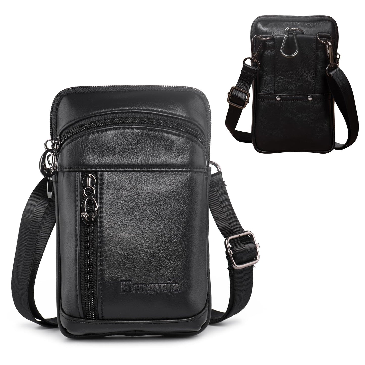 Hengwin Genuine Leather Cell Phone Pouch for Belt, Small Crossbody Purse Shoulder Bag for Men, Phone Holster Case with Belt Clip Fits for iPhone 16 Pro Max 15 Pro Max Samsung Galaxy S25 Ultra (Black)
