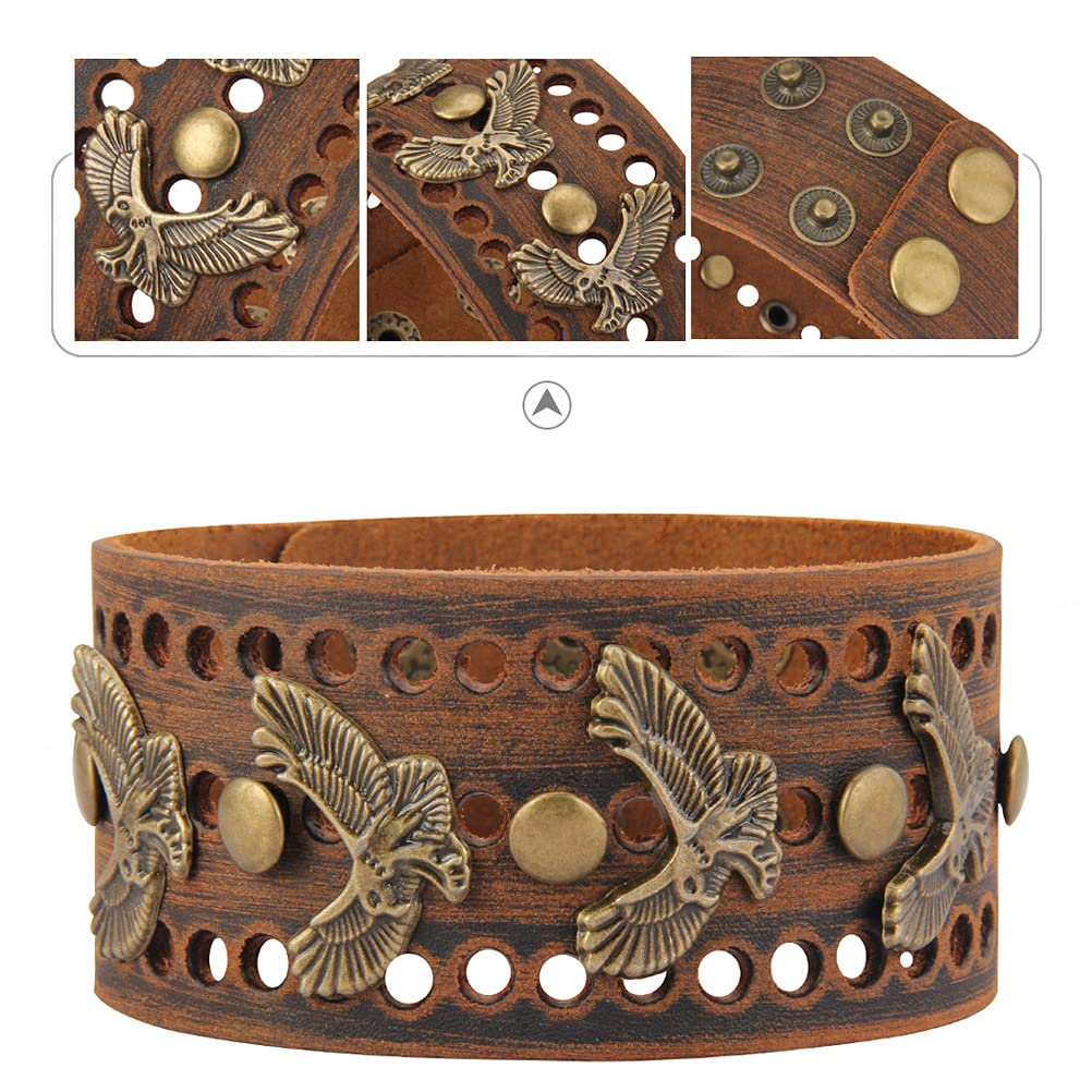 Jeilwiy Brown Leather Bracelet Mens Wide Bracelet Brown Eagle Cuff Bracelet Wrap Bangle Punk Leather Bracelet