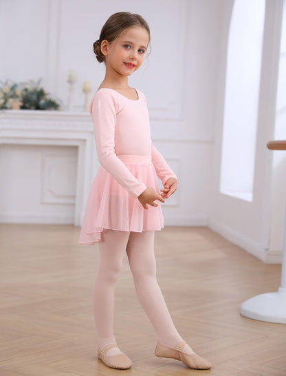 Mecceos Ballet Leotards with Skirt Tights Combo for Toddler Girls Dance Long Sleeve Leotard Ballerina Dresses Outfits (Ballet Pink, 8-10 Years, MEAM-322)