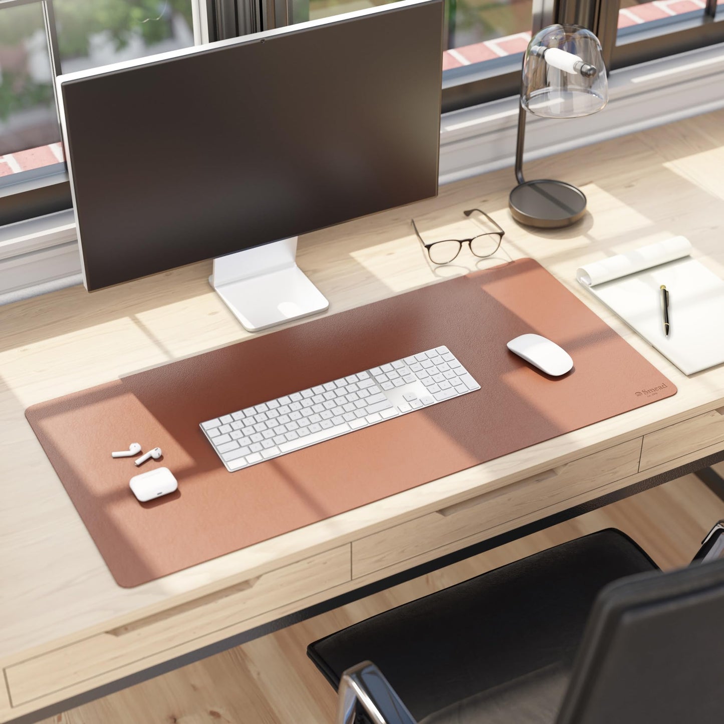 Smead Desk Pad, Vegan Leather Desk Mat with Non-Slip Faux Suede Backing, Perfect Desk Organizer for Office Decor, 36” x 17” Large, Saddle (64827)