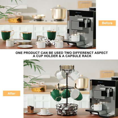 ASTLIHO 360° Rotating Coffee Mug Holder - Metal 3 Tier Mug Tree Rack Cup Holder for Countertop with 10 Hooks, Coffee Pods Holder for Bar Organizer Kitchen Counter - Black