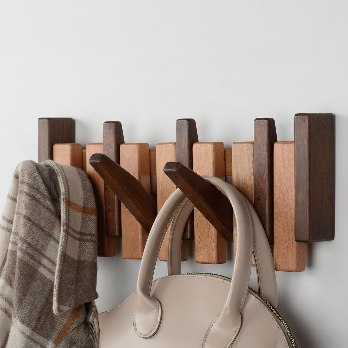 TEXAS BEST GIFT Piano Key Coat Rack – 6-Hook Wall-Mounted Rack in Solid Beech – Space-Saving Flip Hooks – Entryway Organizer for Coats, Hats, Bags