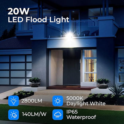 CINOTON 20W LED Flood Lights Outdoor, IP65 Waterproof Exterior Security Wall Lights with 180°Knuckle, 2800LM 120V Outside Aluminum Lighting Fixture for Patio Porch Yard Garage 5000K 1 Pack, UL Listed