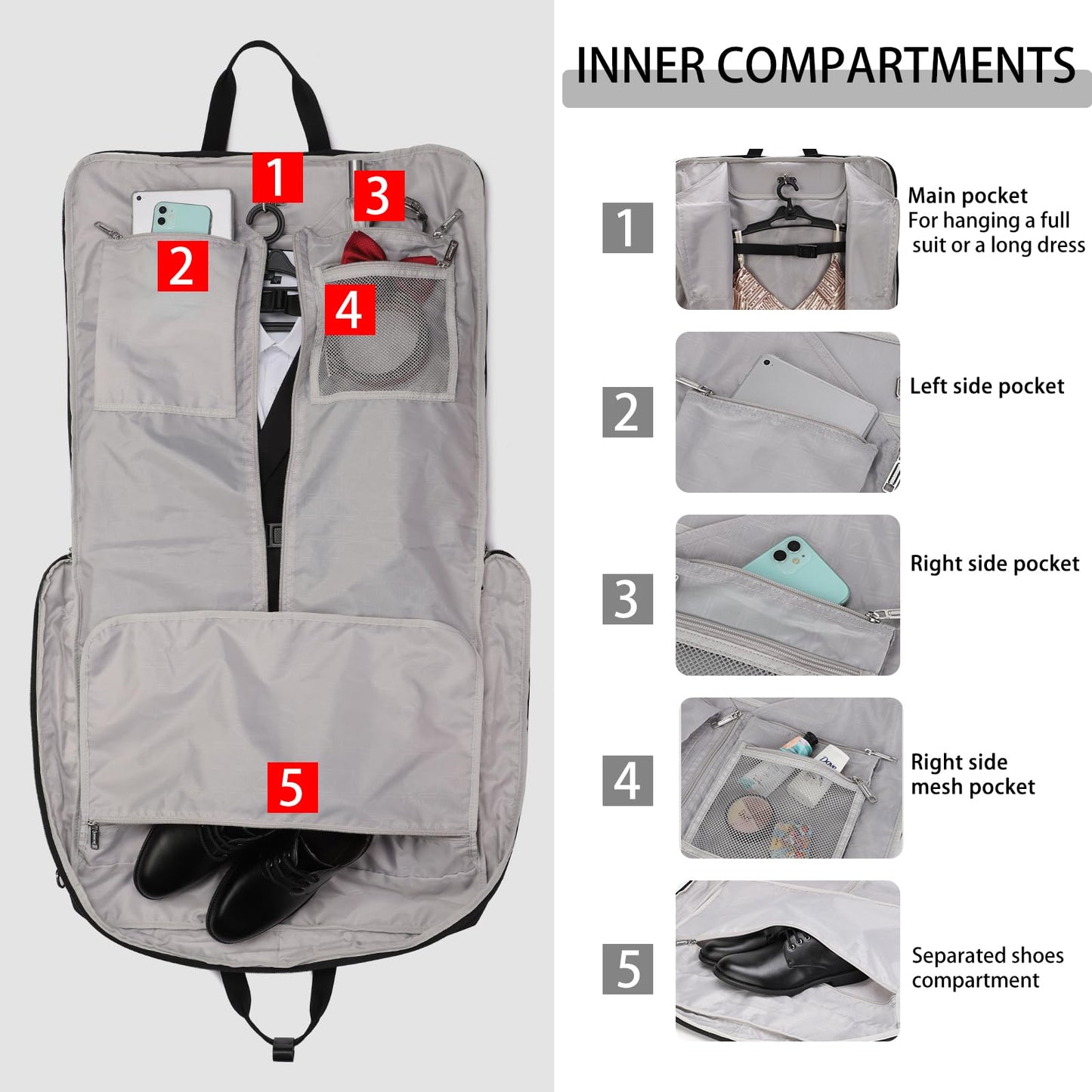 BE SMART Waterproof Foldable Garment Bags for Travel, 51" Large Travel Hanging Bags for Clothes, Carry on Suit Bag with Strap for Men Women, Wrinkle Free Luggage Suit Cover for Business Trips(Black)