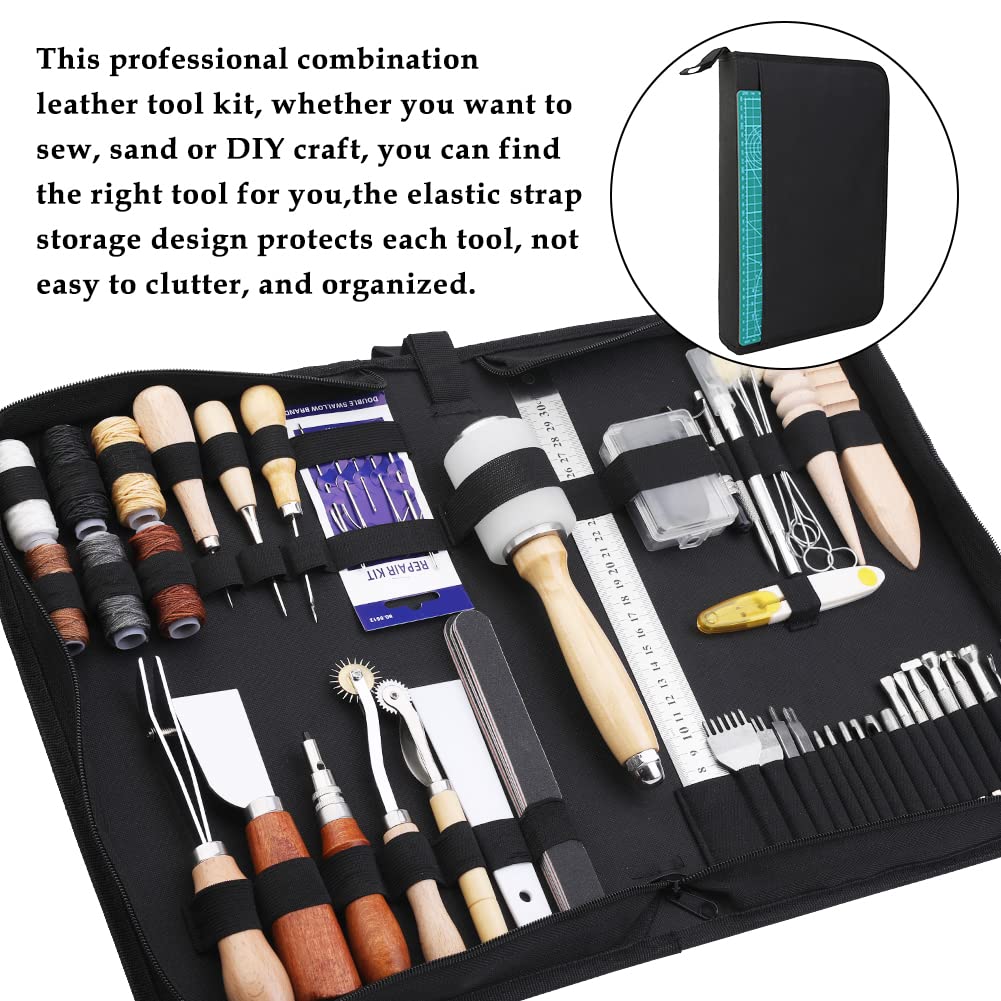 Leather Craft Tools, 60 Pieces Leather Working Tools and Supplies with Storage Bag Cutting Mat Prong Punch Groover Edge Creaser Stamping Carving Knife Awl Hammer for Craft Making DIY Sewing