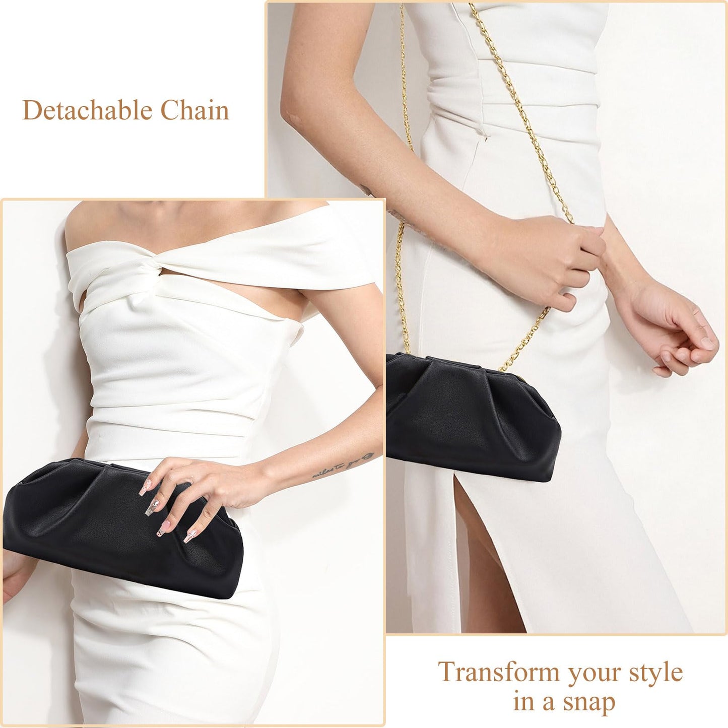 Amszke Black Clutch for Women, Vegan Leather Evening Purse, Soft Pleated PU Formal Clutch Bag for Weddings Proms Cocktail Parties, Dressy Party Accessories-Gemma