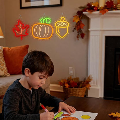 Cute Thanksgiving Harvest Neon Sign Acorn Maple Leaf Pumpkin LED Wall Lights Indoor Thanksgiving Neon Light USB Charged Fall Decor Ideas for Teen Room Men Cave in Fall Fest Party
