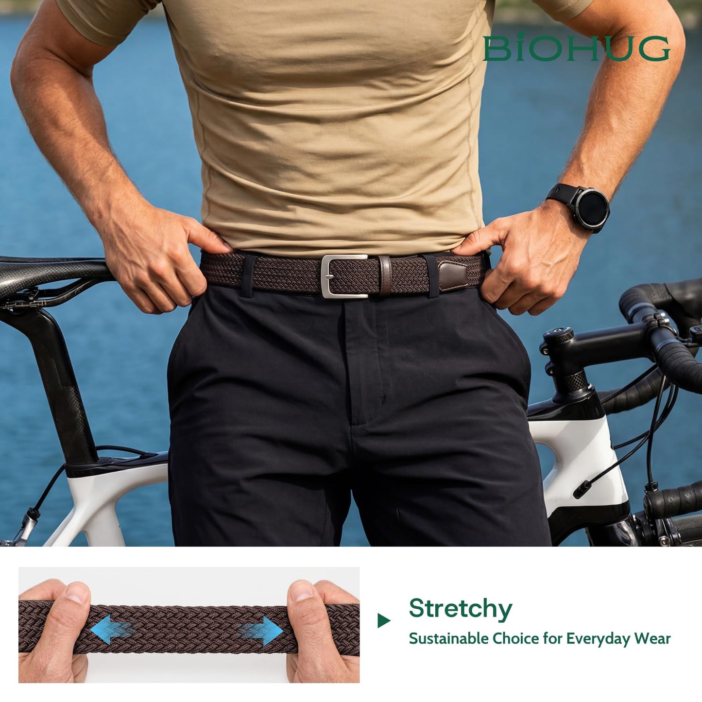 BIOHUG Men's Elastic Braided Belt Eco-Friendly Recycled Fabric Stretch Woven Belt for Jeans Pants,Golf Casual Wear 1.34" Width Dark Brown