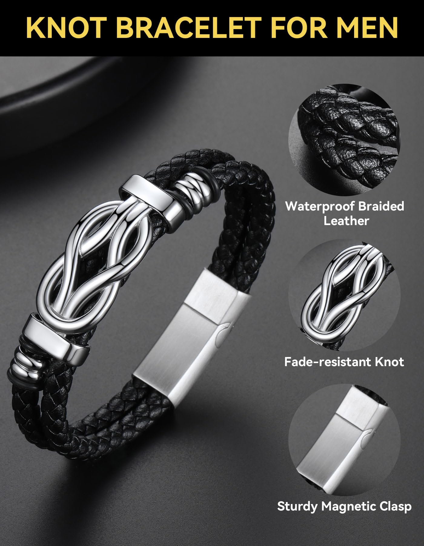 ChainsHouse Mens Leather Bracelet Idea Gift for Man Square Infinity Love Knot Braided Beaded Leather Cuff Bracelet 8.3 Inches Birthday Gifts for Men