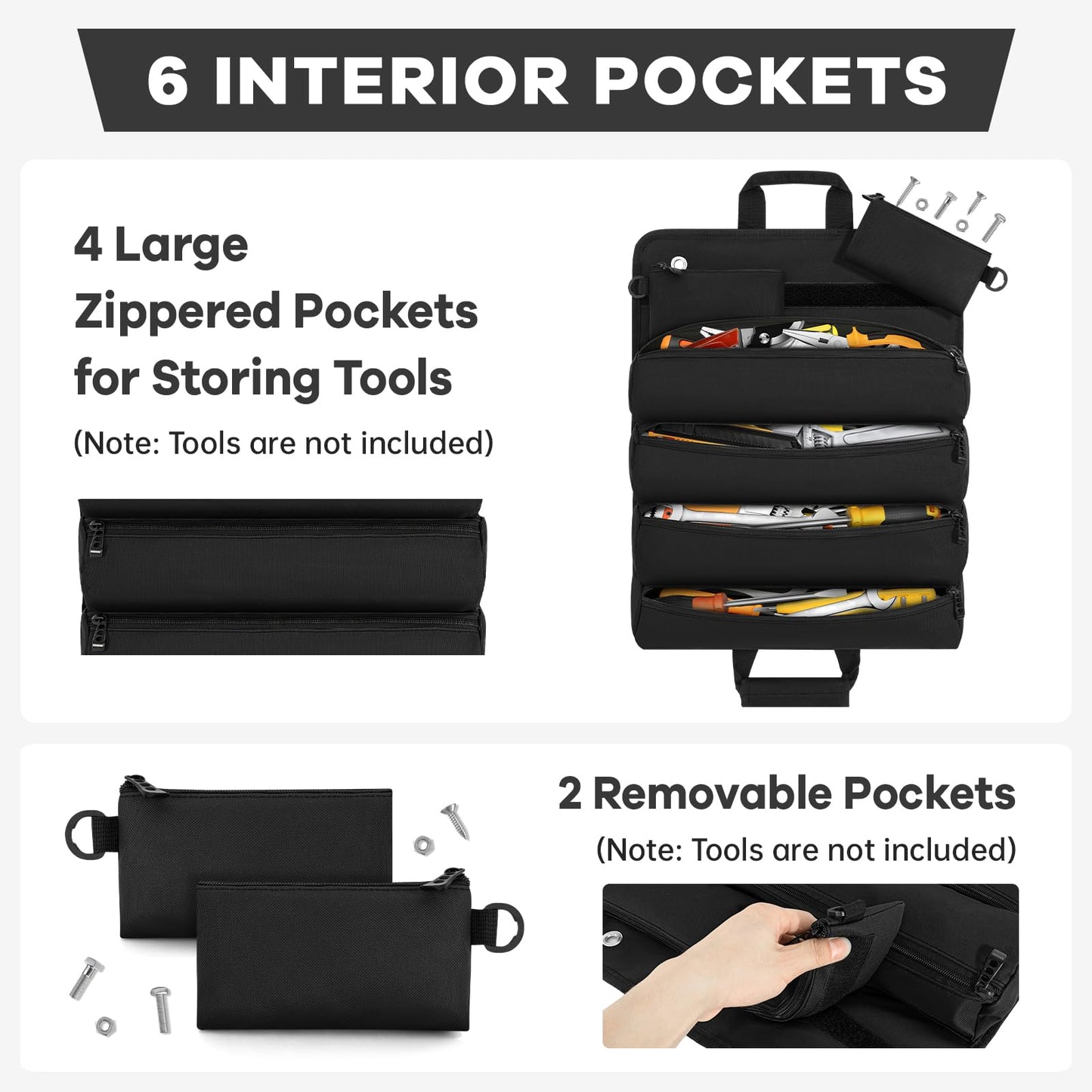 ANILD Roll Up Tool Bag Organizer, Heavy Duty Portable Tool Roll Organizer Bag with 2 Detachable Pouches, Father’s Day Gift, Gifts for Men, Electrician, Mechanic& Hobbyist (Black, Large)