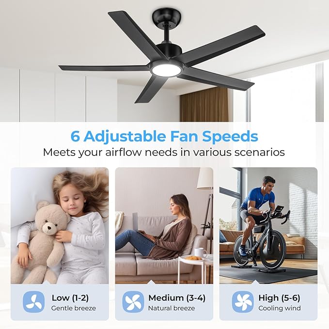 ocioc Ceiling Fans with Lights and Remote,44 Inch Black Ceiling Fan with Nightlight,6 Speeds,3000–6500K Dimmable,Quiet Reversible DC Motor,Modern Ceiling Fan for Bedroom Living Room Patio