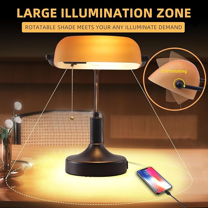 Vintage Bankers Desk Lamp with Pull Chain Switch, Traditional Desk Lamp with USB A and Type C Charging Port, Oil Rubbed Bronze Table Lamp with Amber Glass Shade for Office, Library, Study Room