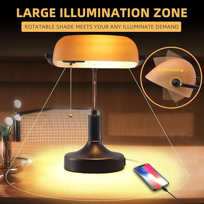 Vintage Bankers Desk Lamp with Pull Chain Switch, Traditional Desk Lamp with USB A and Type C Charging Port, Oil Rubbed Bronze Table Lamp with Amber Glass Shade for Office, Library, Study Room