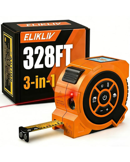 328Ft 3-in-1 Digital Laser Tape Measure Rechargeable Measuring Tool &16Ft Auto-Lock Tape Measure Movable Magnetic Hook with Area/Volume/Pythagorean, Ft/in/M/Ft+in for Construction;Woodworking;Home DIY