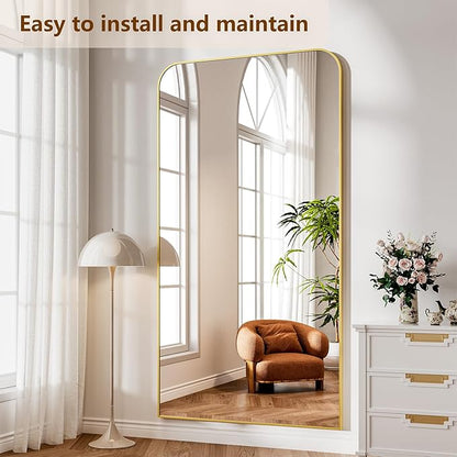Koonmi Full Length Mirror, 86"x40" Mirror Full Length with Stand, Gold Domed Top Square-Edged Floor Mirror with Aluminum Alloy Frame for Bedroom Living Room