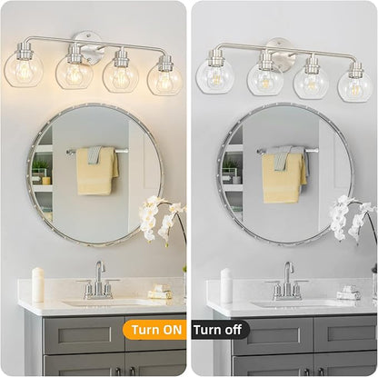 Bathroom Light Fixtures Brushed Nickel Vanity Light Silver 4 Light Modern Wall Sconces Lighting Bathroom Lights with Globe Glass Shade Bath Wall Lights for Mirror Kitchen Living Room Hallway 27 Inch