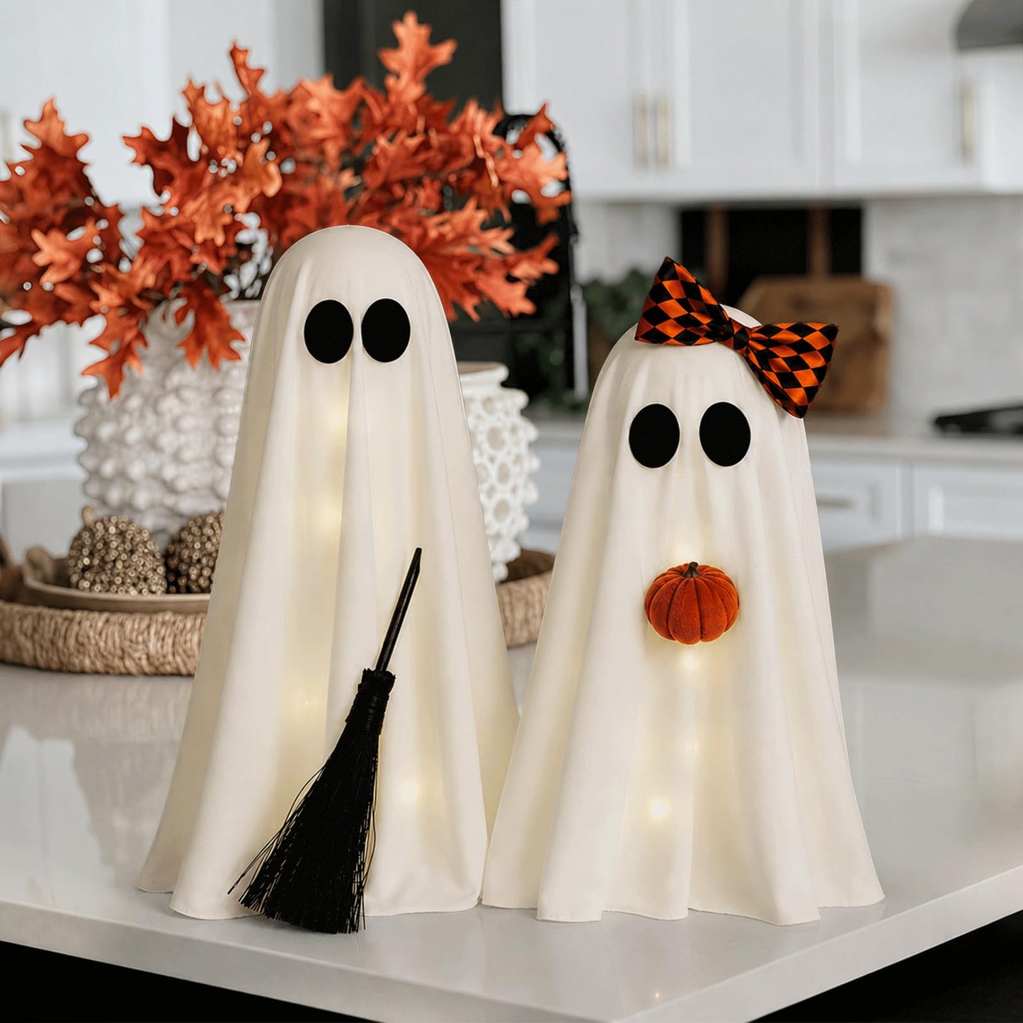 Halloween Decorations, 2 Pack Lighted Spooky Ghost with Pumpkin and Buffalo Plaid Bow, Cute Standing Ghost Decor for Halloween Decorations Indoor Home Office Table Mantel Shelf Party Supply