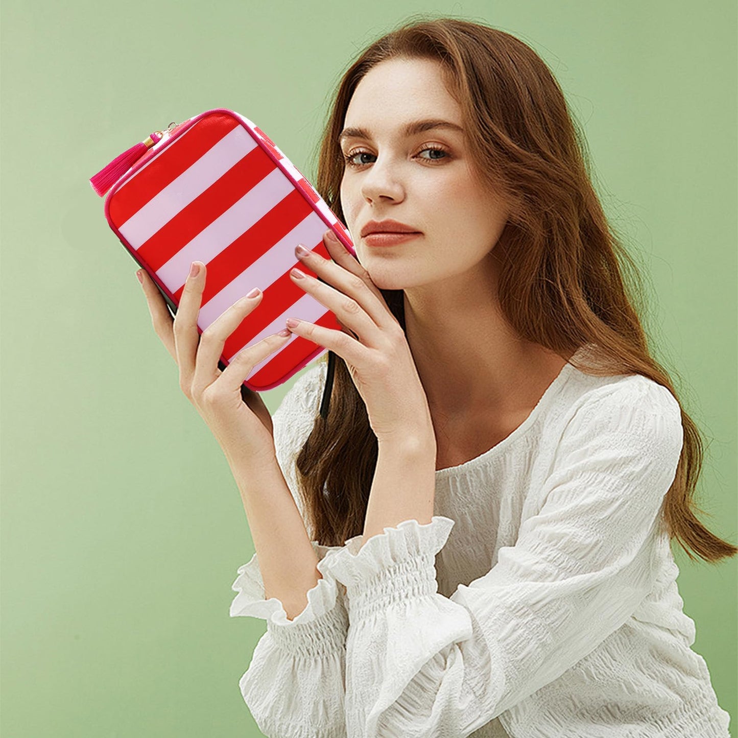 EMBRUNIOICE Stripe Makeup Bag Travel Cosmetic Bag Organizer Tassel Toiletry Bag Large Canvas Zipper Pouch and Accessories Storage Bag for Women (Red with Pink)