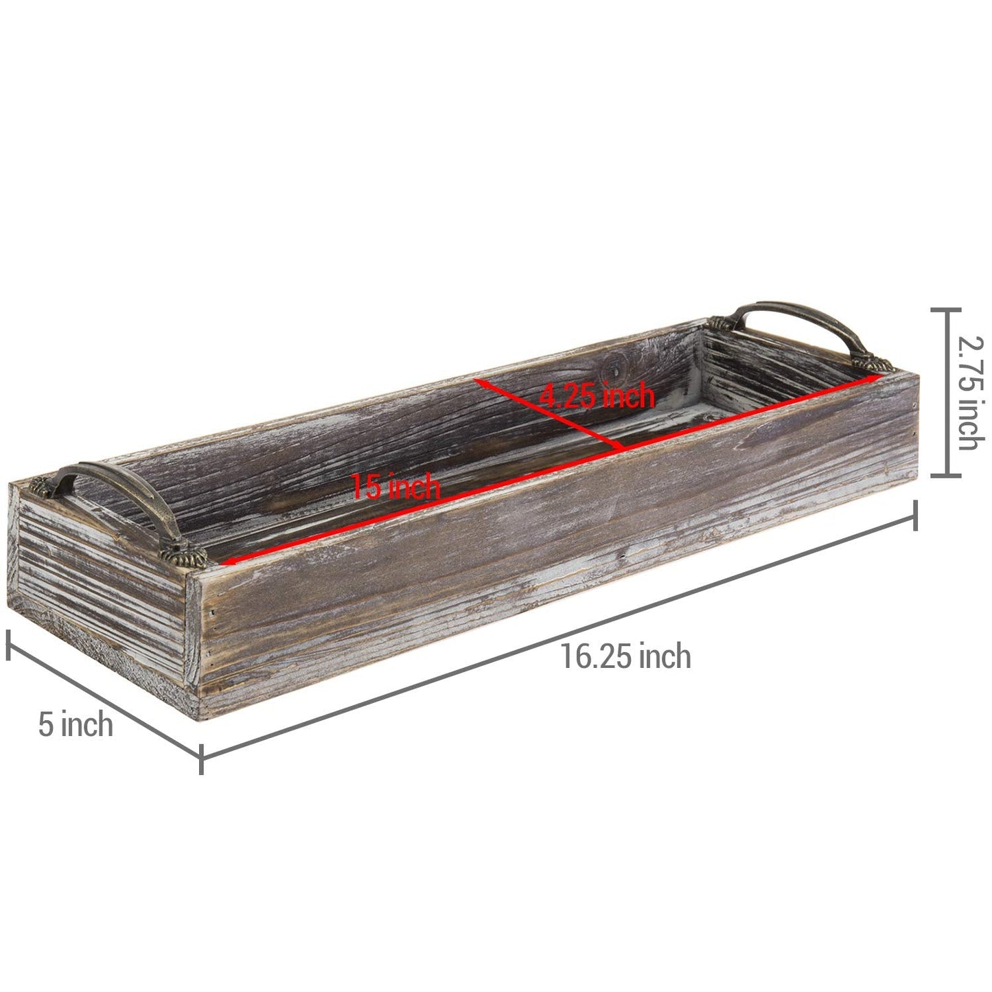 MyGift 16 Inch Rustic Torched Solid Wood Butler Tray with Decorative Antique Metal Handles, Holiday Dining Table Centerpiece, Christmas Dinner Home Decor