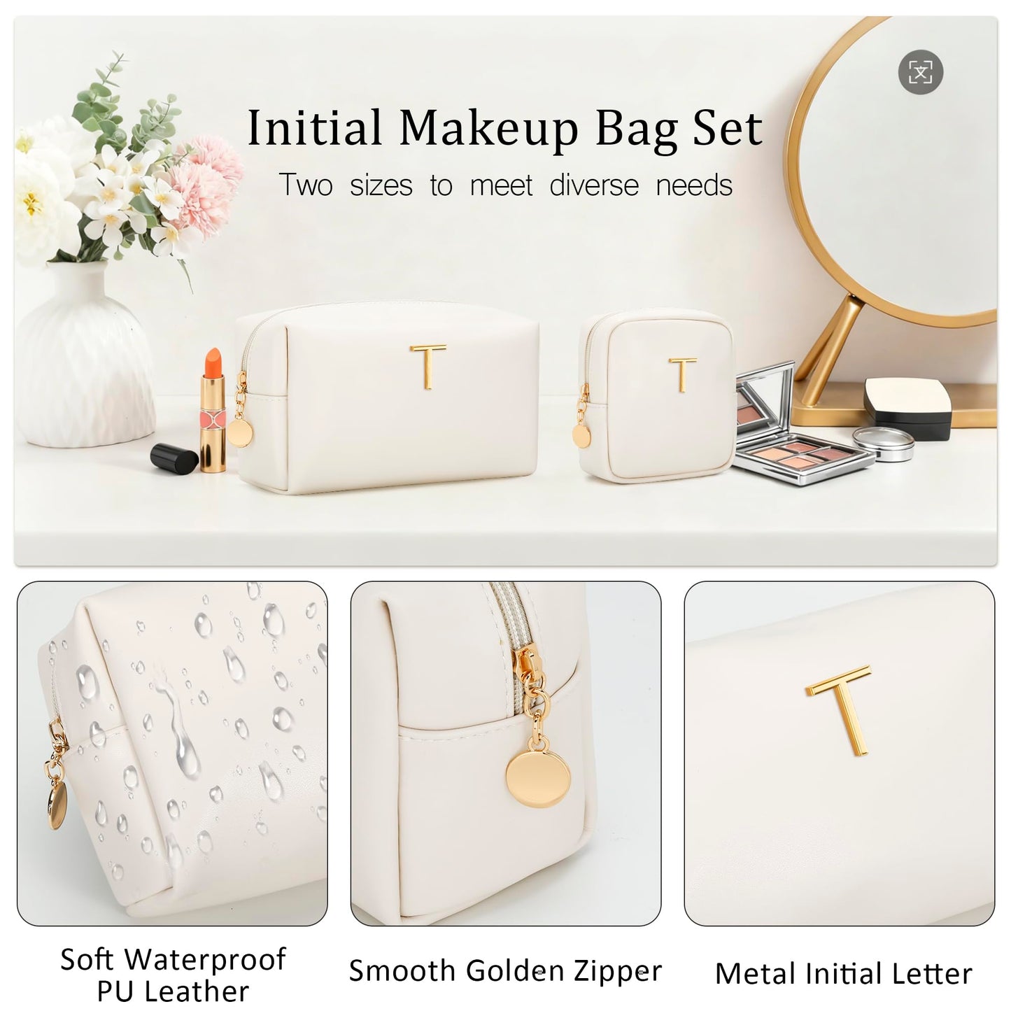 CLOUDWINGS Personalized Birthday Gifts for Women - Initial Makeup Bag Set Travel Toiletry Bag Cosmetic Bags Soft Waterproof PU Leather Makeup Pouch Travel Essentials (T, 2pcs Beige)
