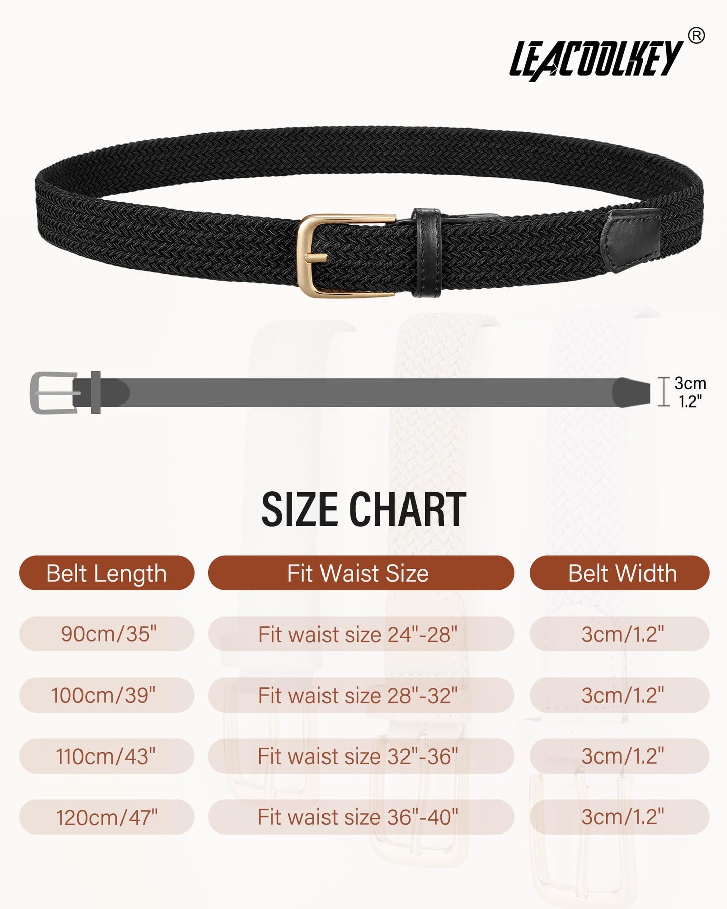 LEACOOLKEY Women’s Stretch Braided Belt Elastic Woven Casual Belt for Jeans Trousers & Golf Pants Black