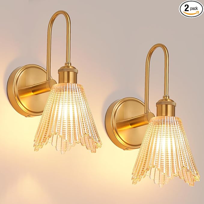Wall Sconce Set of 2, Gold Vintage Light Fixtures with Long Amber Glass Lampshade, Hardwired Sconces Wall Lighting for Bedroom, Bathroom, Living Room | Includes 2 LED Bulbs