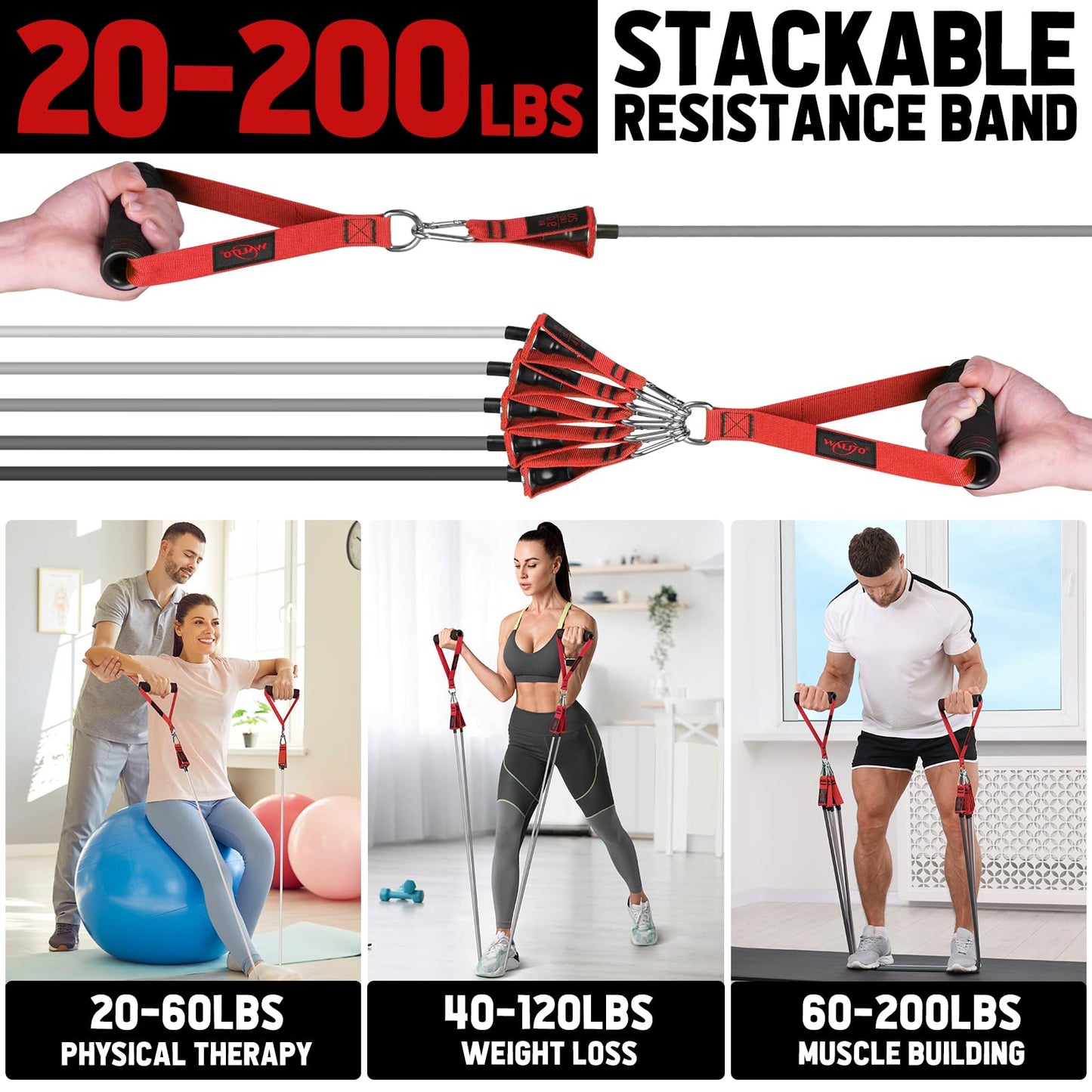 WALITO Resistance Bands Set - Exercise Bands with Handles, Door Anchor, Legs Ankle Straps, for Heavy Resistance Training, Physical Therapy, Muscle Training, Yoga, Home Workouts, Gym