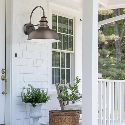 Bestshared Gooseneck Barn Light 14 Inch Dome Farmhouse Wall Sconce, Outside Wall Mount Light, Exterior Lighting Fixture, Front Door Porch Lantern Lamp for Entryway, Patio (ORB+White, 14” Dome-2Pack)
