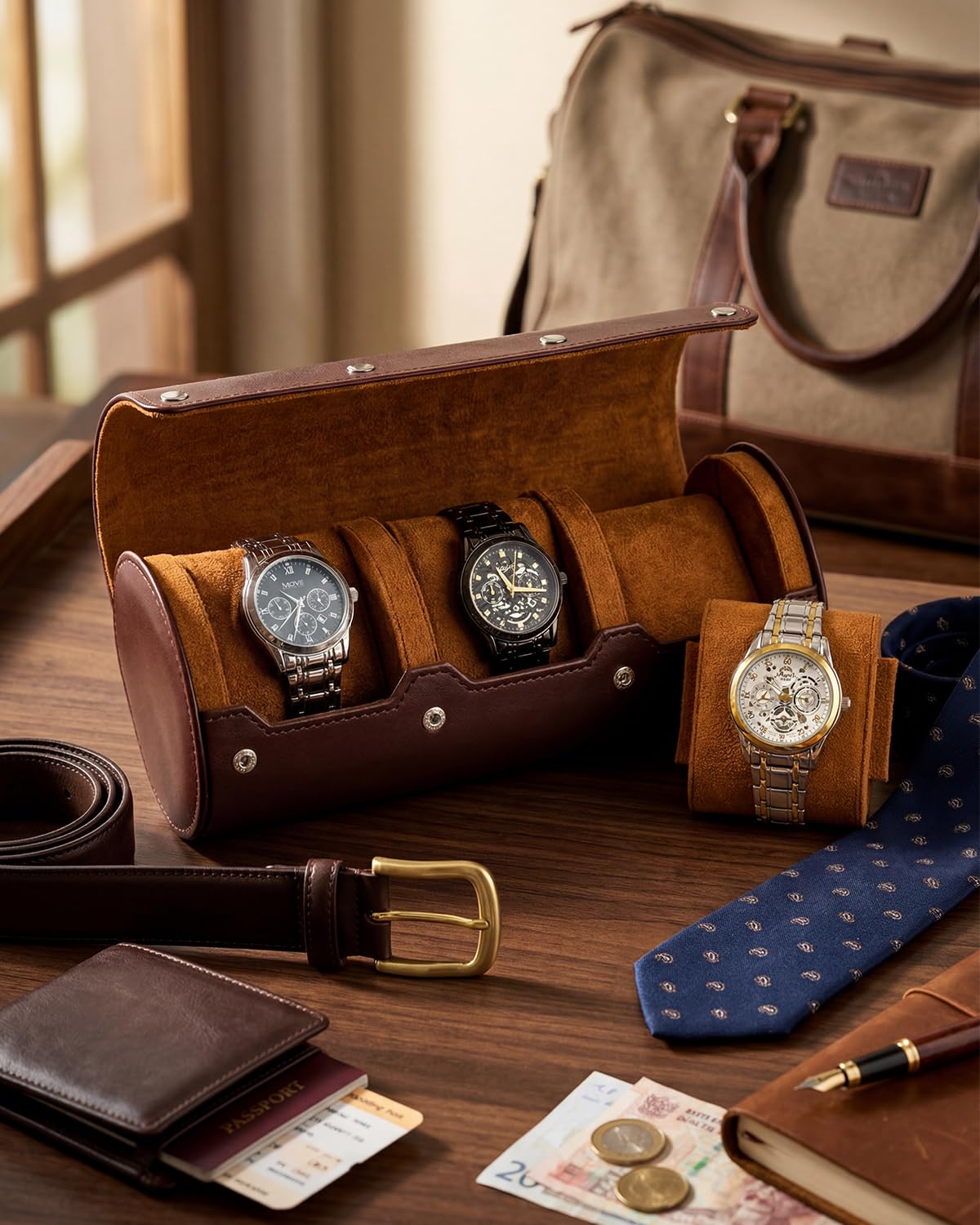 MR.OKAY 3 Watch Travel Case- Classic Leather Watch Case With Superb Texture.Portable Watch Roll Or Organizer For Storage And Display. Men's Great Gift For Traveling, 100% Handmade by Artisans.
