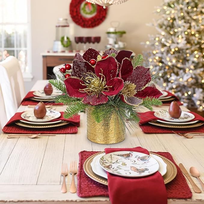 13 inch Christmas Table Centerpiece 5" Glitter Magnolia Flower and Berries Fir Greenery Artificial Christmas Floral Centerpiece in Silver Ceramic Pot Tabletop Xmas Table Arrangement Decor