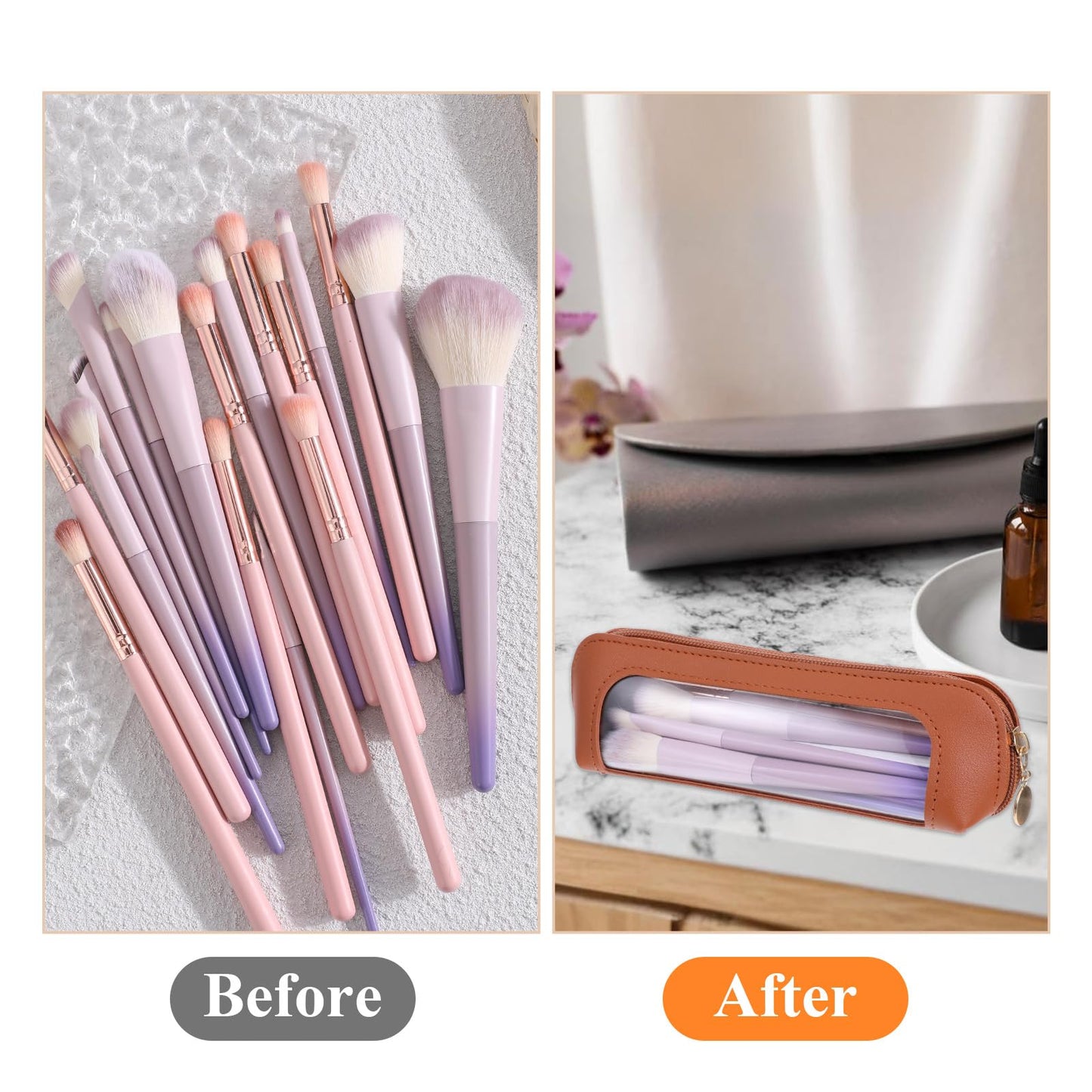 Small Clear Makeup Pouch, PU Leather Makeup Brush Bag Portable Travel Mini Cosmetic Bag Transparent Waterproof Organizer Pouch with Zipper for Women Home Travel Office Cosmetic Storage (Brown)