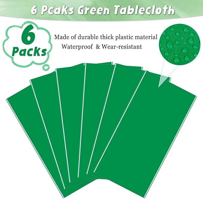 6 Packs Green Plastic Tablecloth for Rectangle Tables 54 x 108 Inch Disposable Waterproof Table Cloth for Outdoor Picnic Table Cover for Birthday Theme Parties Christmas Festival Decoration