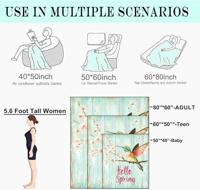Bird Hello Spring Fleece Blanket - 40x50in Colorful Hummingbird and Cherry Blossom Throw Blankets,Soft Cozy Lightweight, Ideal for Bed Living Room Home Rustic Decor and Girls Women Gifts