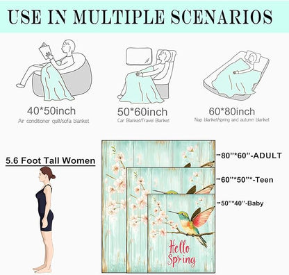 Bird Hello Spring Fleece Blanket - 40x50in Colorful Hummingbird and Cherry Blossom Throw Blankets,Soft Cozy Lightweight, Ideal for Bed Living Room Home Rustic Decor and Girls Women Gifts