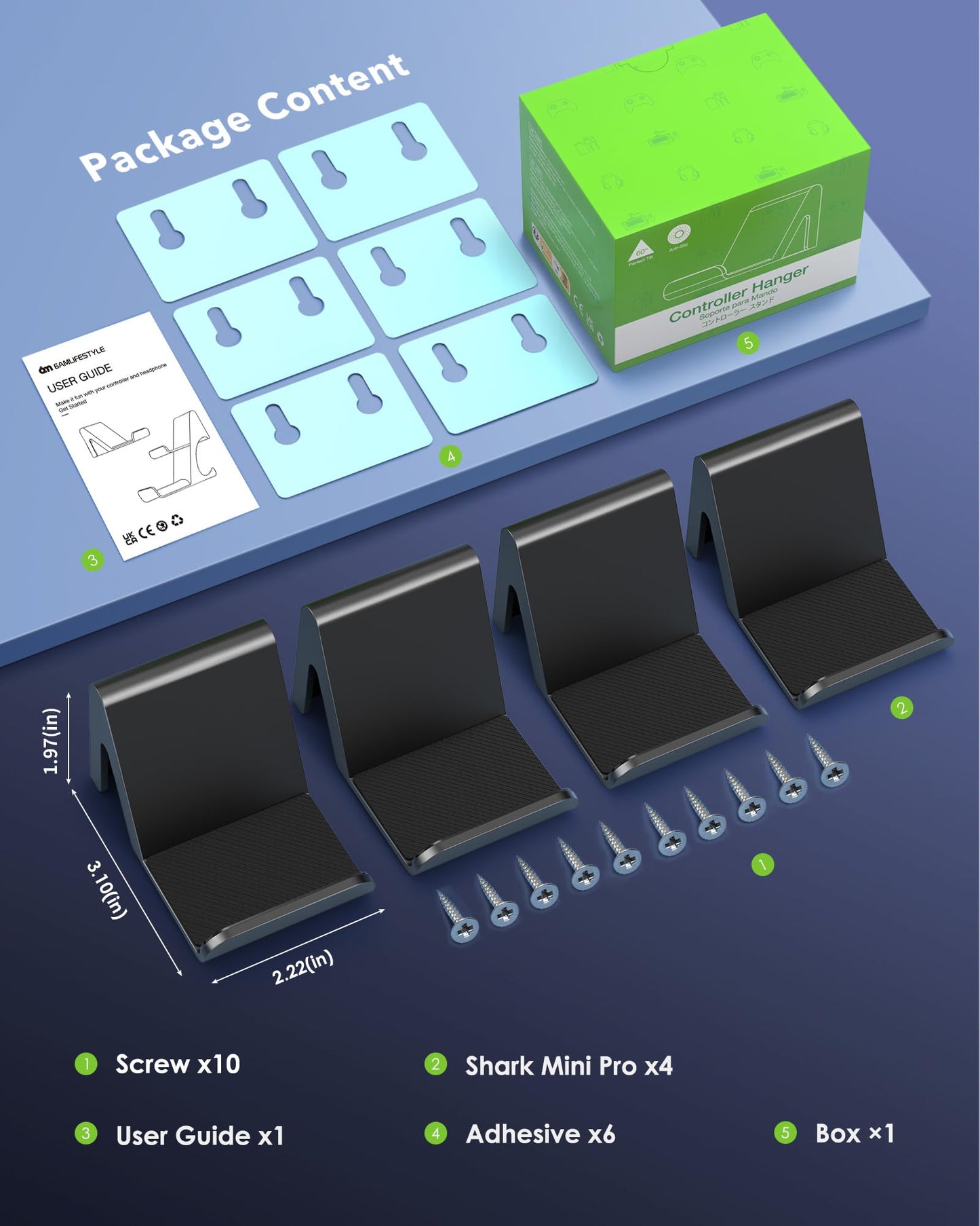 6amLifestyle 4 Pack Controller Holder Stand Built in Anti-Slip Pads for PS5 PS4 Xbox One Switch Pro Gamepad Controller Wall Mount Adhesive/Screws, Universal Controller Accessories Shark 14 Mini