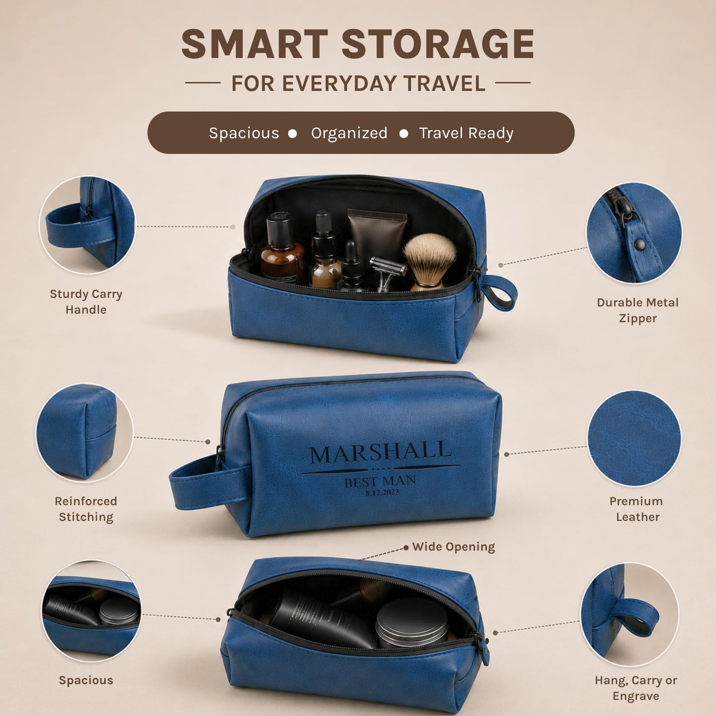 Motiwear Custom Leather Toiletry Bag for Men Personalized Dopp Kit Travel Grooming Organizer Gift for Him Stylish - Dark Brown
