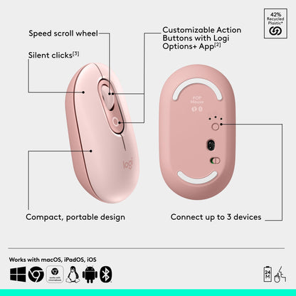 Logitech POP Mouse, Wireless Mouse with Customizable Emojis, SilentTouch Technology, Precision/Speed Scroll, Compact Design, Bluetooth, Multi-Device, OS Compatible - Heartbreaker Rose