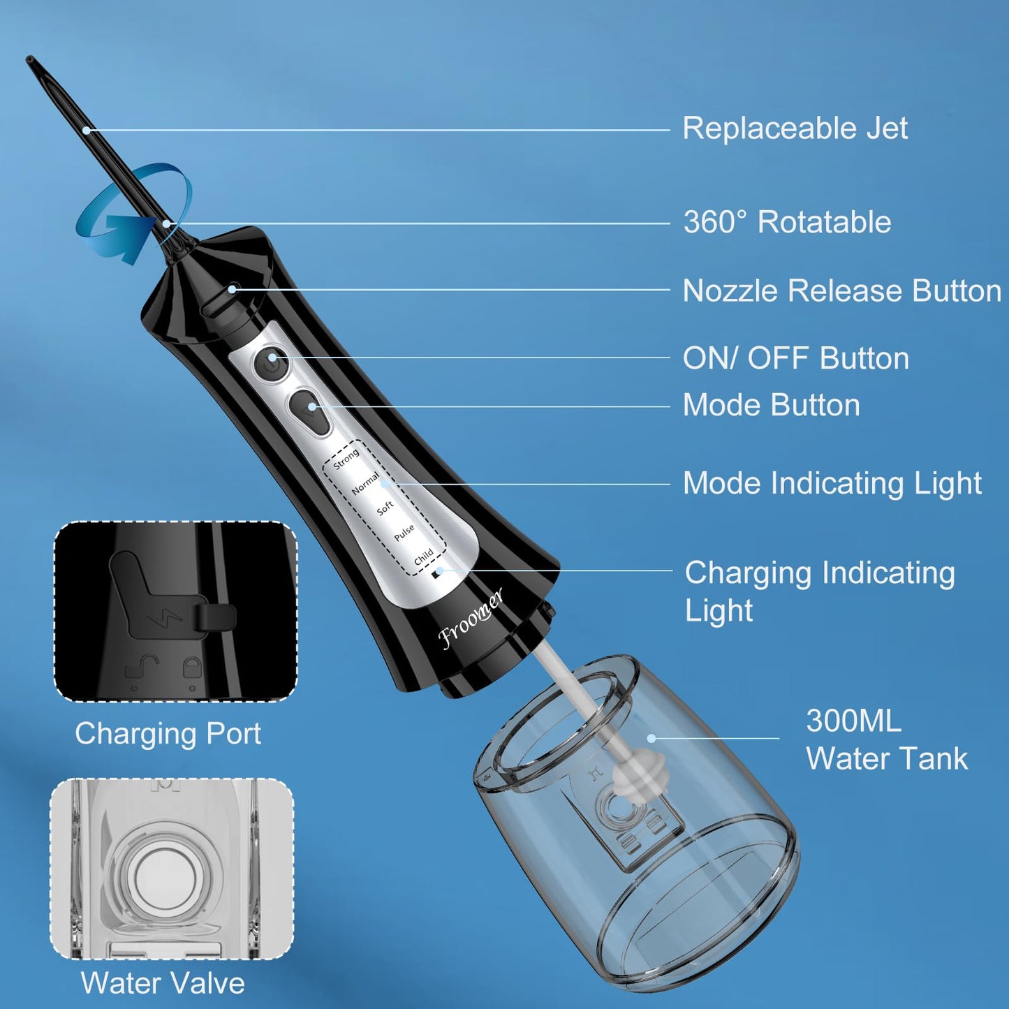 Froomer Water Flosser，Water Dental Forsser for Teeth Clean, 5Modes 4 Jet Tips,Rechargeable Portable Water Flossers for Teeth,300ML Tanks for Travel Friendly(Black