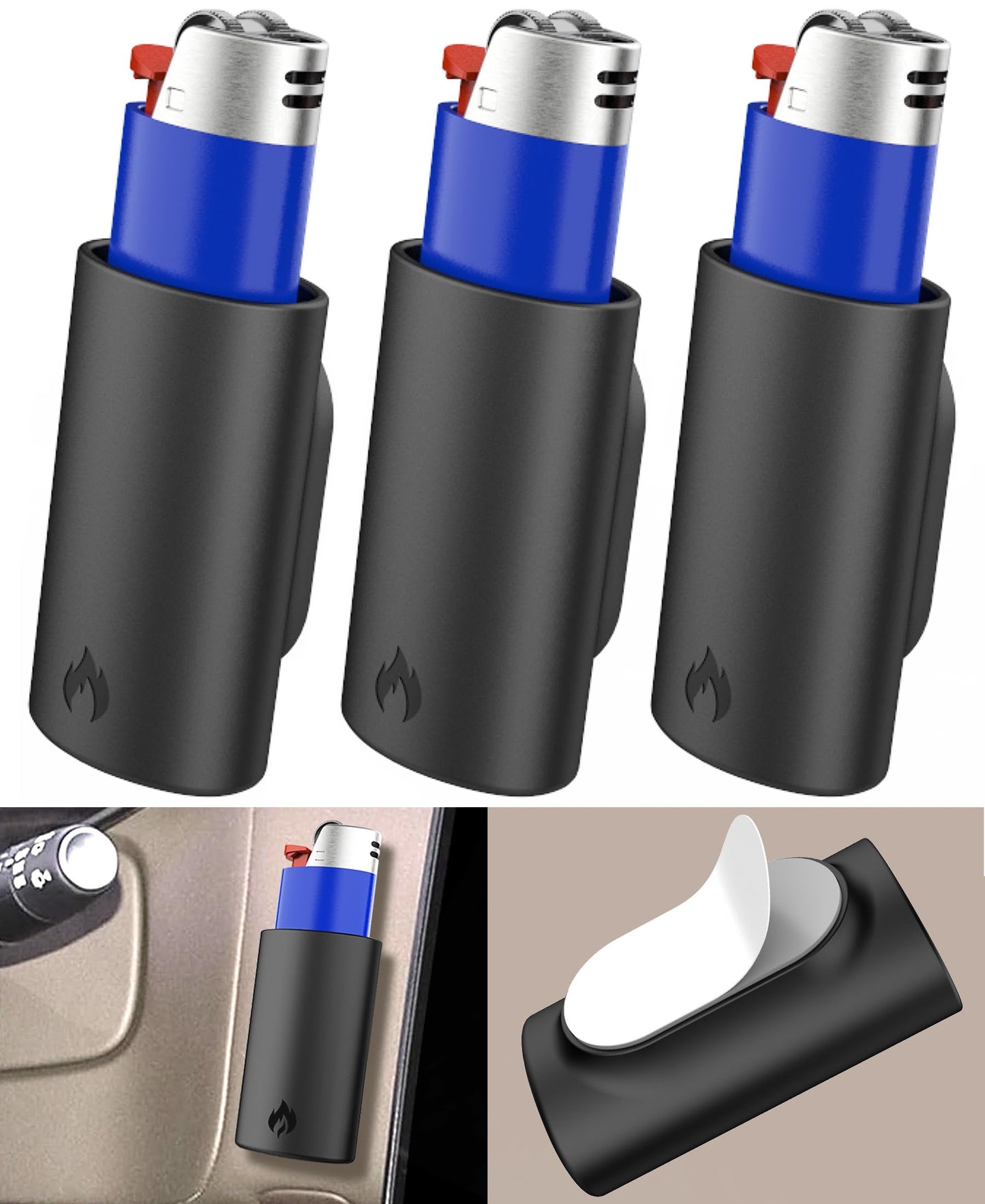 Femlotank Silicone Lighter Holder with 3M Adhesive – Multi-Purpose Chapstick Holder for Lip Balm, Keys, Small Essentials – Weatherproof, Strong Hold for Indoor & Outdoor Use 3 Pack Black