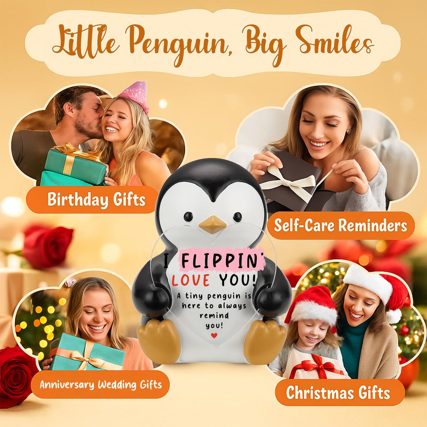 I Flippin’ Love You Penguin Figurine with Heart Plaque, Cute Penguin Collectible Desk Sign, Sentimental Gift for Friend, Family, Coworker, Birthday, Christmas, Anniversary Keepsake ES018