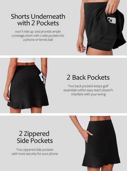PINSPARK 18" Skorts for Women High Waisted Golf Tennis Skirt UPF50+ Athletic Pickleball Skort with 6 Pockets Workout Casual Summer Skirts,Black Small