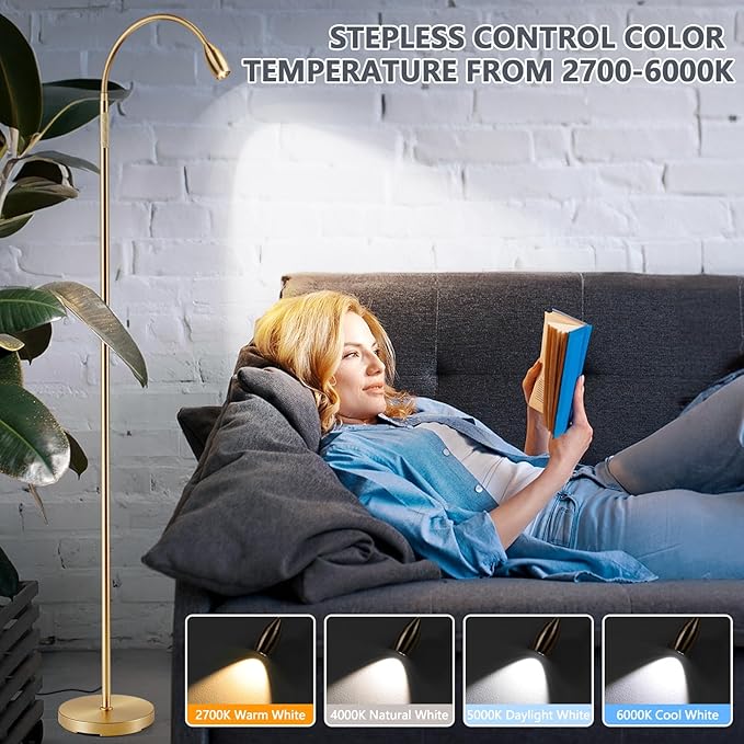 Reading Floor Lamp, 72" Tall LED Lamp with Flexible Gooseneck, Dimmable Zoomable Spotlight, Adjustable Color Beam Standing Lamp, Touch & Remote Control, Task Craft Bedroom Living Room (Antique Brass)