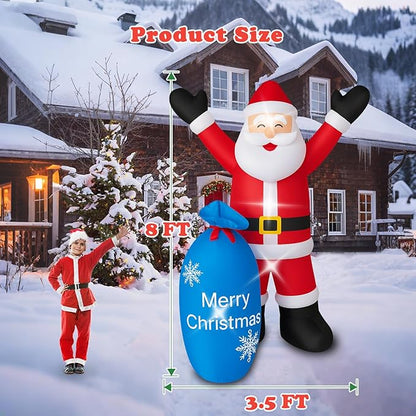8Ft Christmas Decorations Outdoor Inflatables Giant Santa Claus Carrying a Blue Bag, Blow Up Built-in LED Lights for Party Outdoor Garden Indoor Yard Lawn