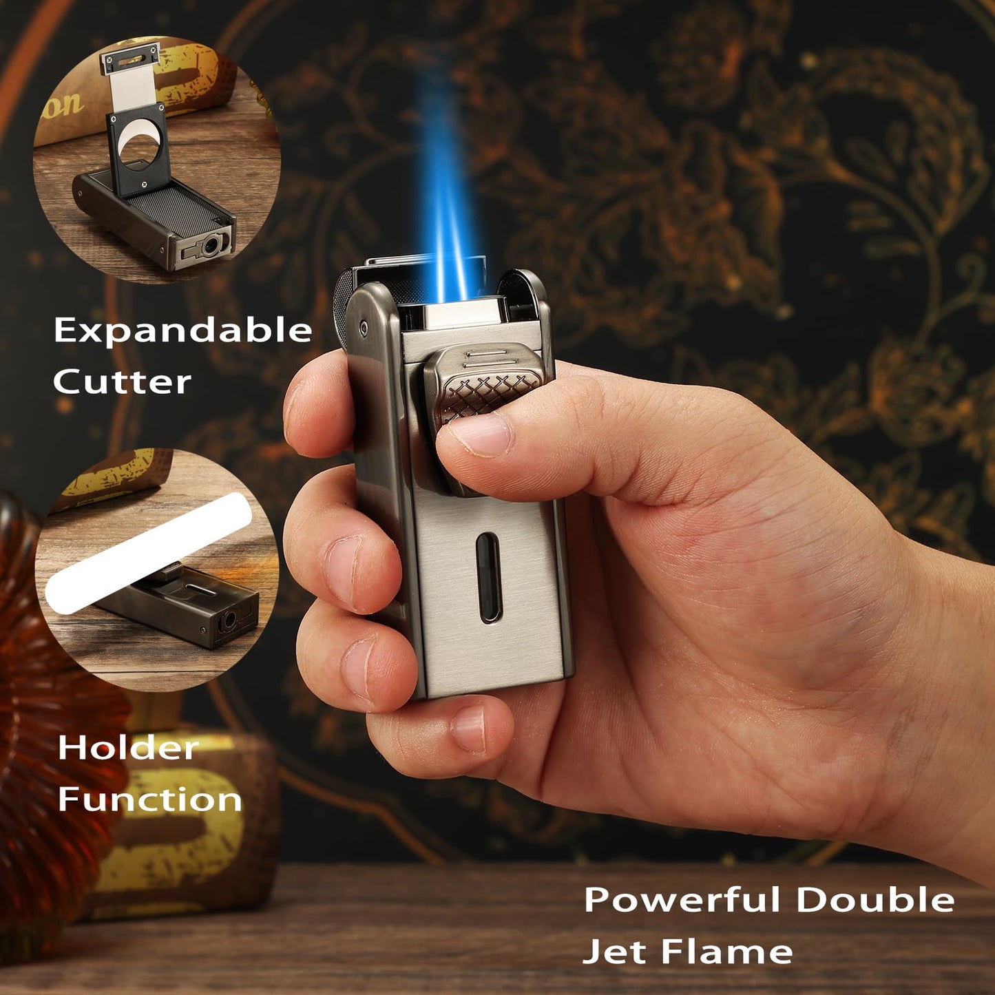 Leather Cedar Wood Case and Double Jet Flame Butane Torch Lighter Set, Holds 6 Units, Built-in Cutter, Punch and Holder Function, Draw Enhancer Tool, Travel Box with Hygrometer.