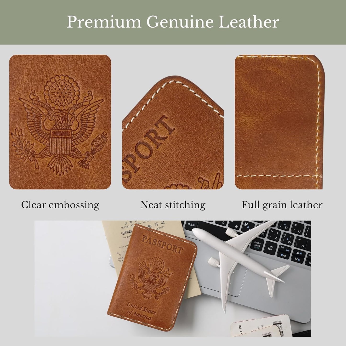 ZAHANAARA Passport Holder for Travel | Premium Leather Passport Cover & Protector | Stylish Travel Document Organizer with Embossed US Seal | Unisex Case with Slots for Cards & Boarding Passes - Brown