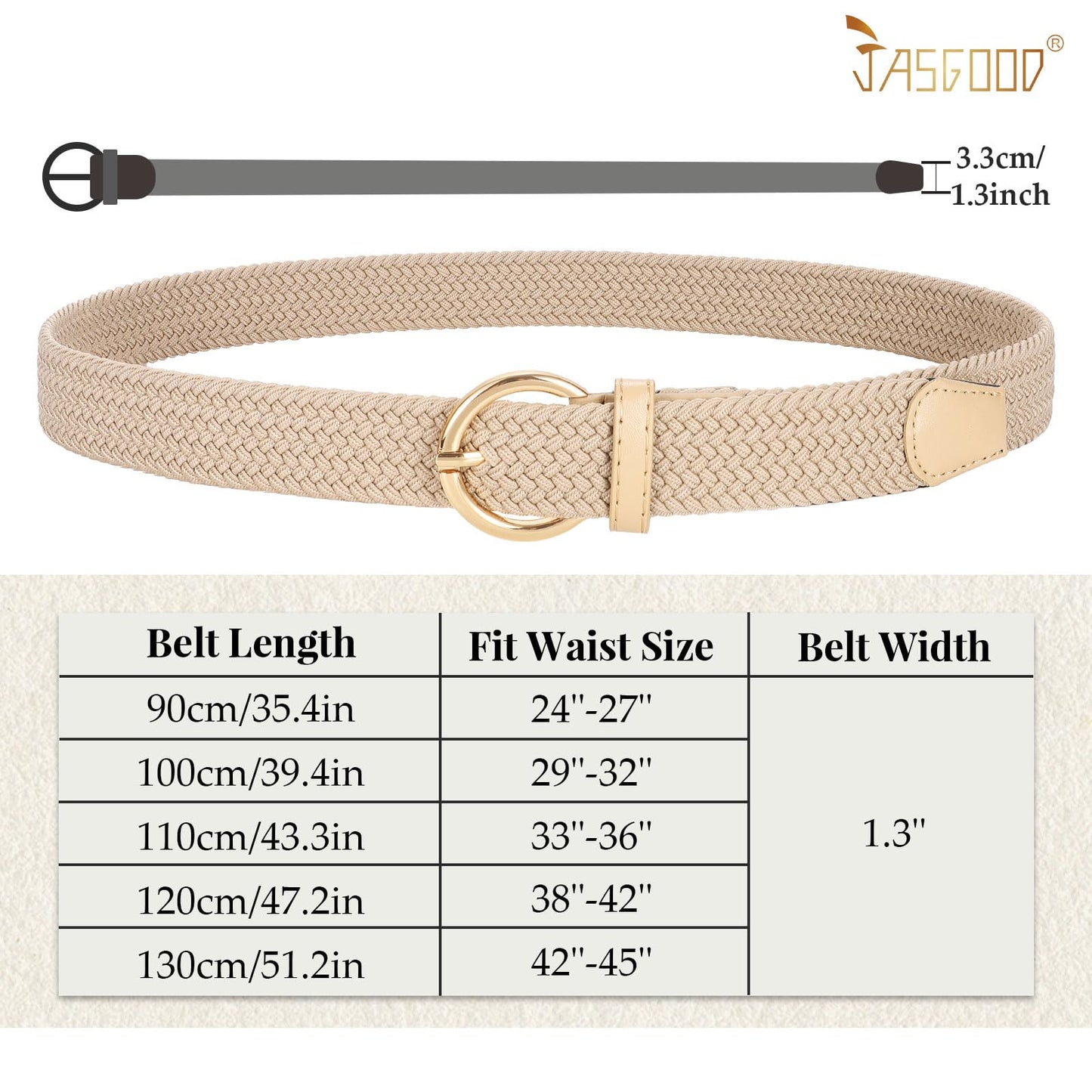 JASGOOD Women Braided Woven Elastic Stretch Belt Canvas Casual Belt for Jeans Pants, A-Beige